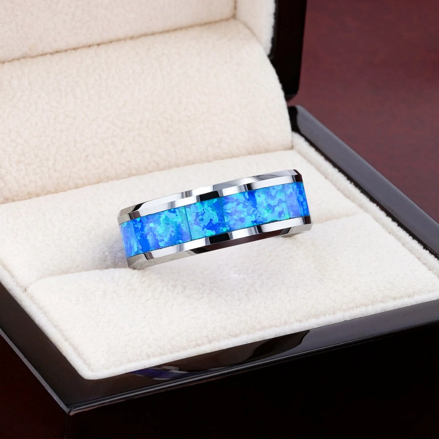 QUASAR Tungsten Wedding Band with Blue Green Opal Inlay - 4mm - 10mm - Larson Jewelers