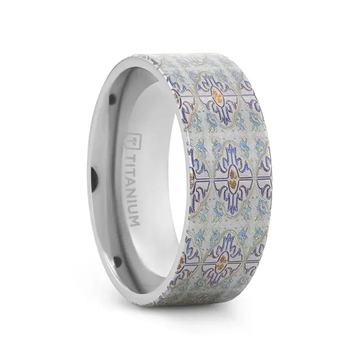 RADIANCE Flat Titanium Ring with Engraved Cross Pattern - 8mm - Larson Jewelers