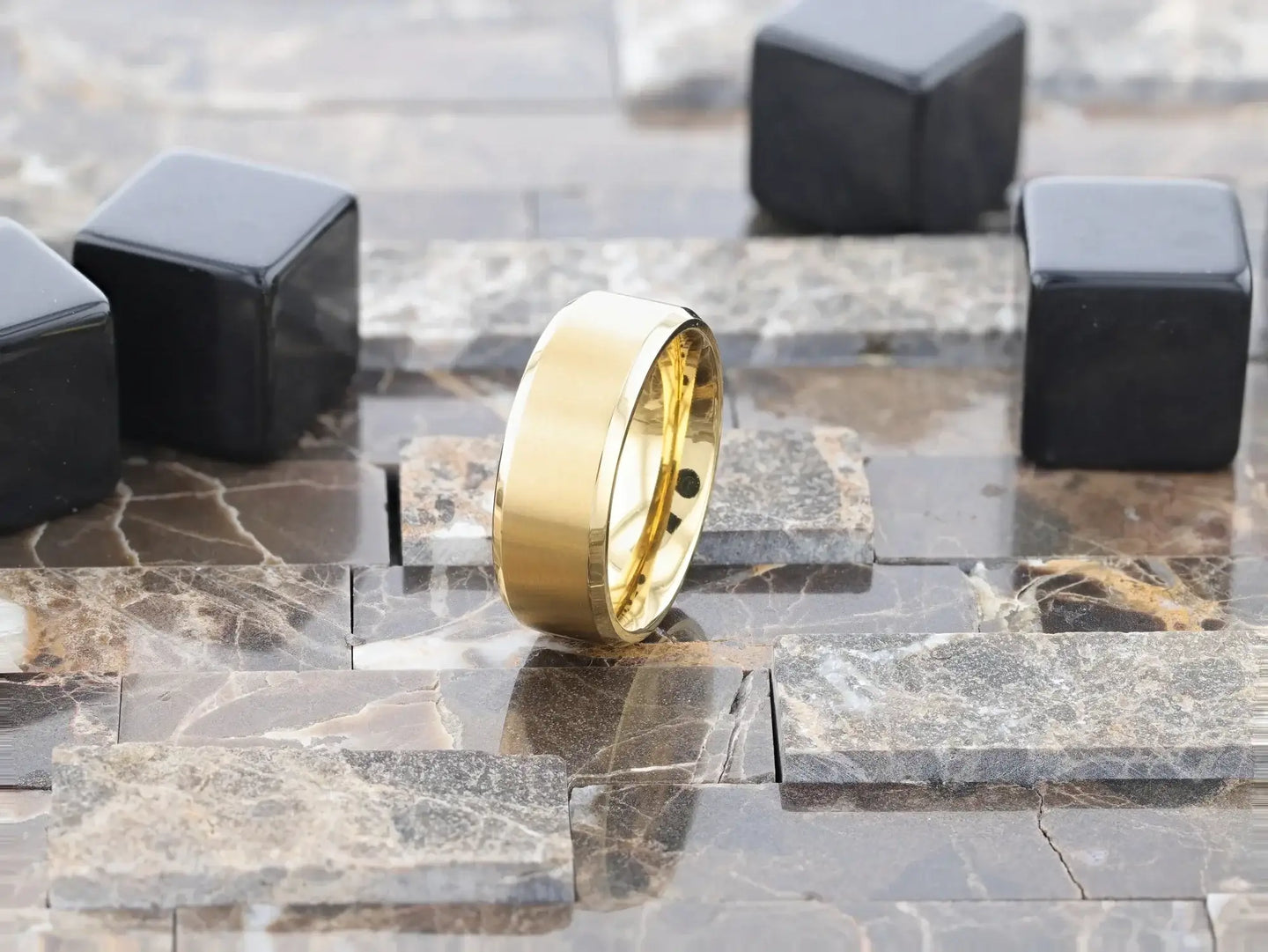RADIATE Gold-Plated Titanium Flat Brushed Center Men's Wedding Ring With Beveled Polished Edges - 8mm - Larson Jewelers