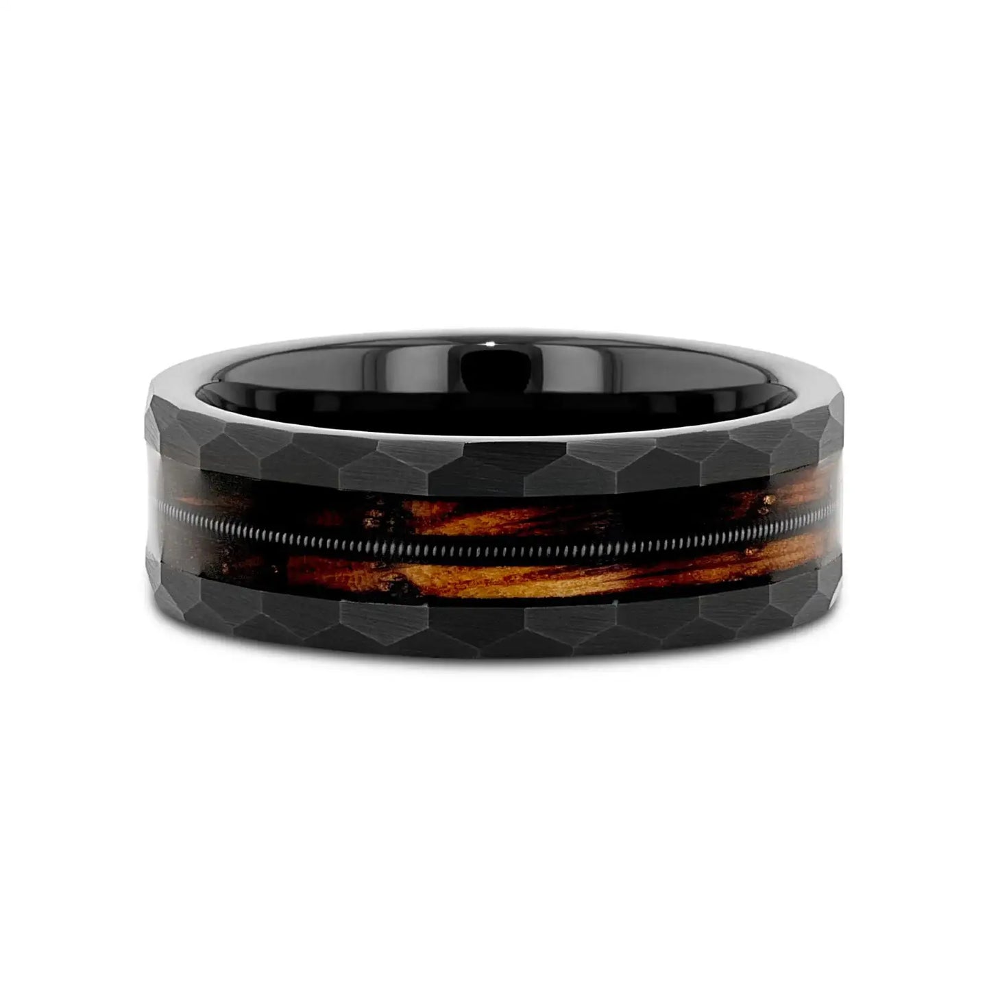 RIFF Black Tungsten Ring with Charred Whiskey Barrel Wood and Guitar String, 8mm - Larson Jewelers