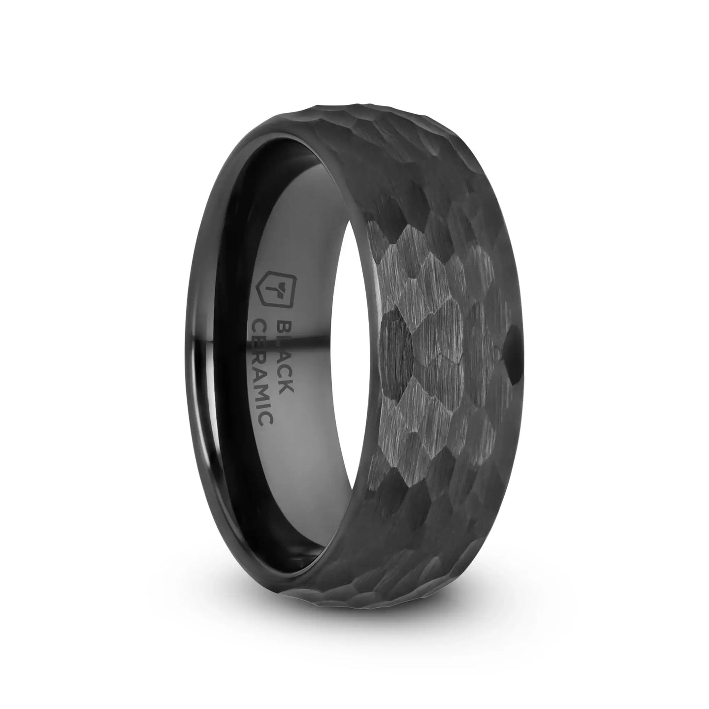 RAGNAROK Domed Hammer Finish Black Ceramic Wedding Band with Brushed Finish - 6mm & 8mm - Larson Jewelers