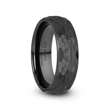 RAGNAROK Domed Hammer Finish Black Ceramic Wedding Band with Brushed Finish - 6mm & 8mm - Larson Jewelers