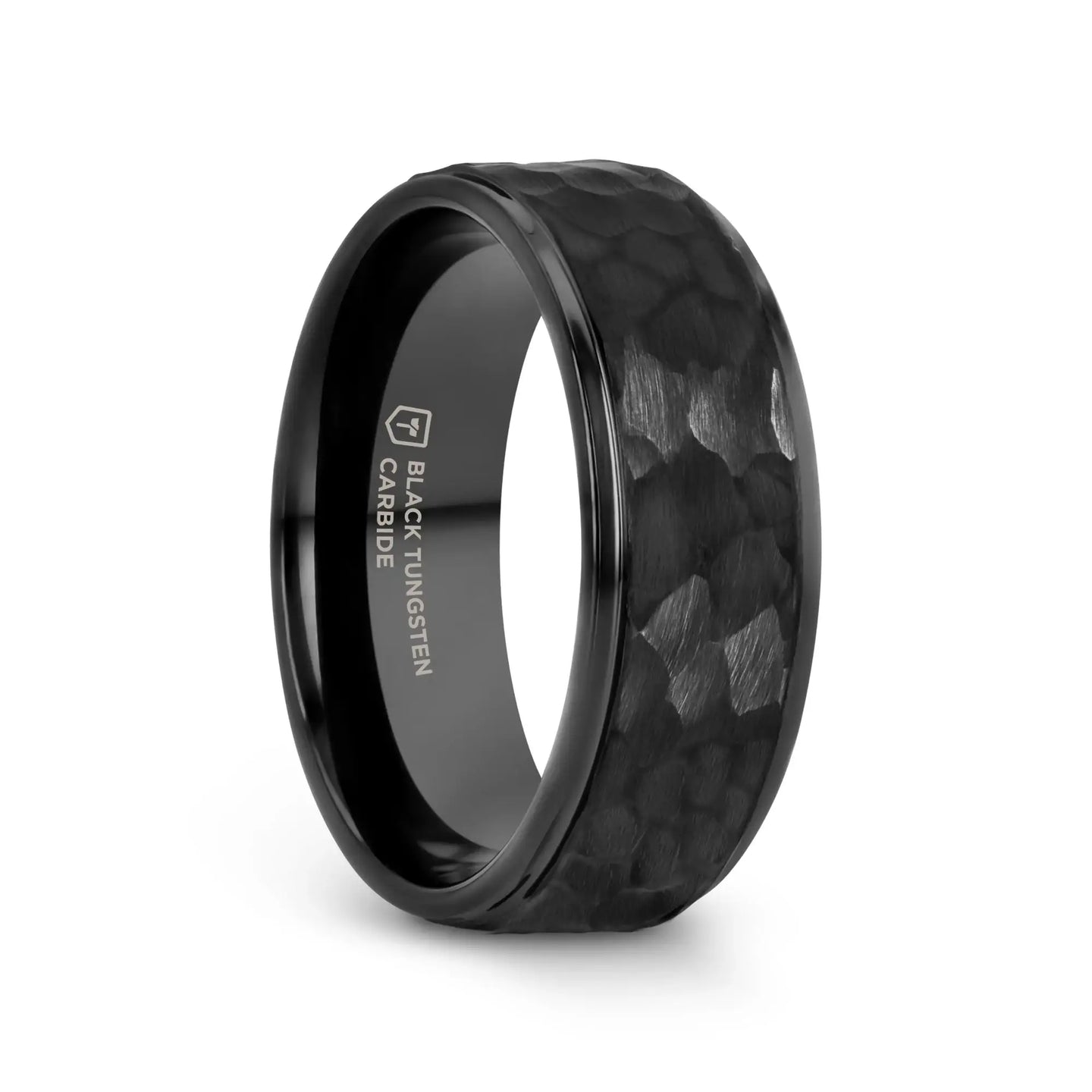 REBEL Raised Hammer Finish Step Edge Black Tungsten Carbide Wedding Band – 6mm or 8mm - Larson Jewelers