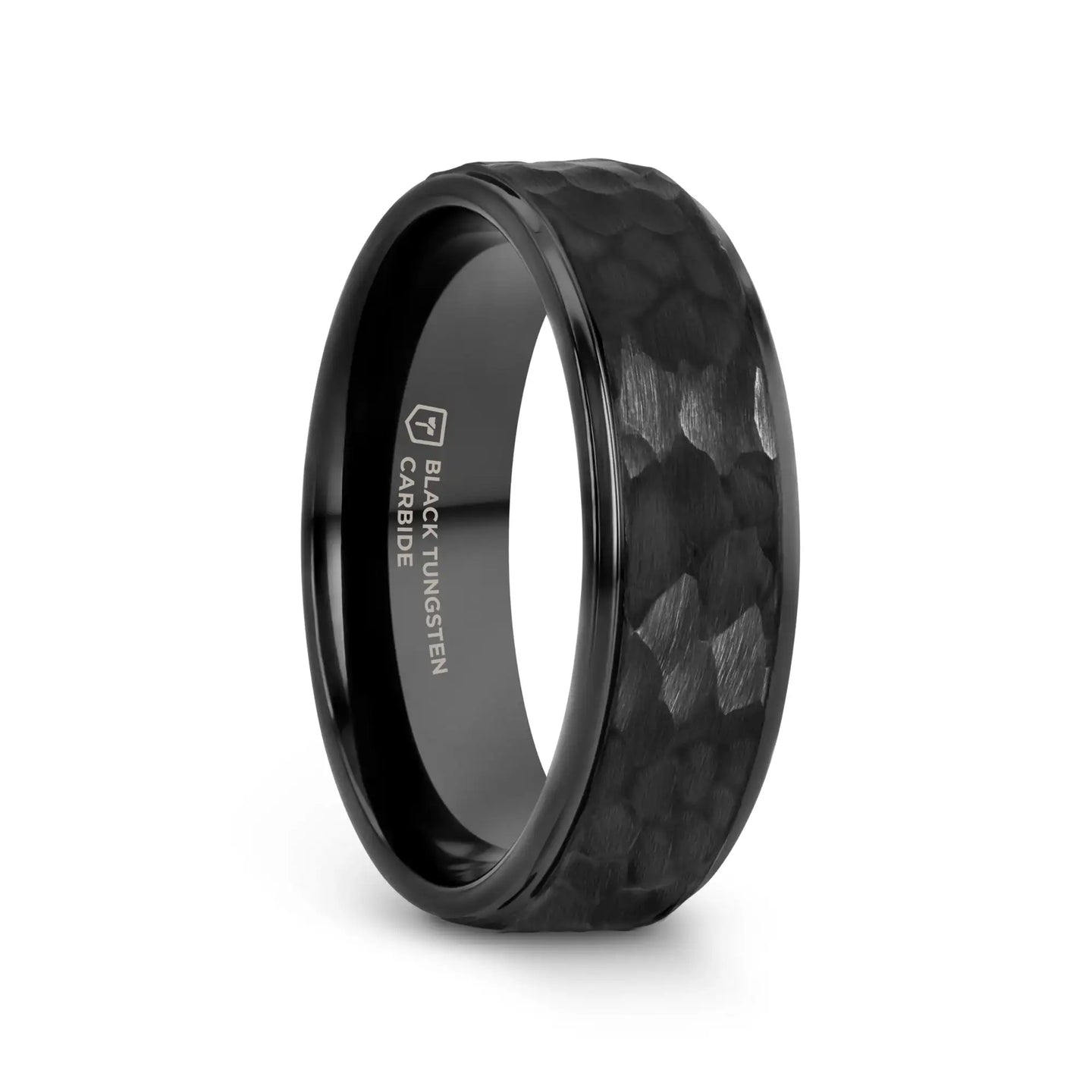 REBEL Raised Hammer Finish Step Edge Black Tungsten Carbide Wedding Band – 6mm or 8mm - Larson Jewelers