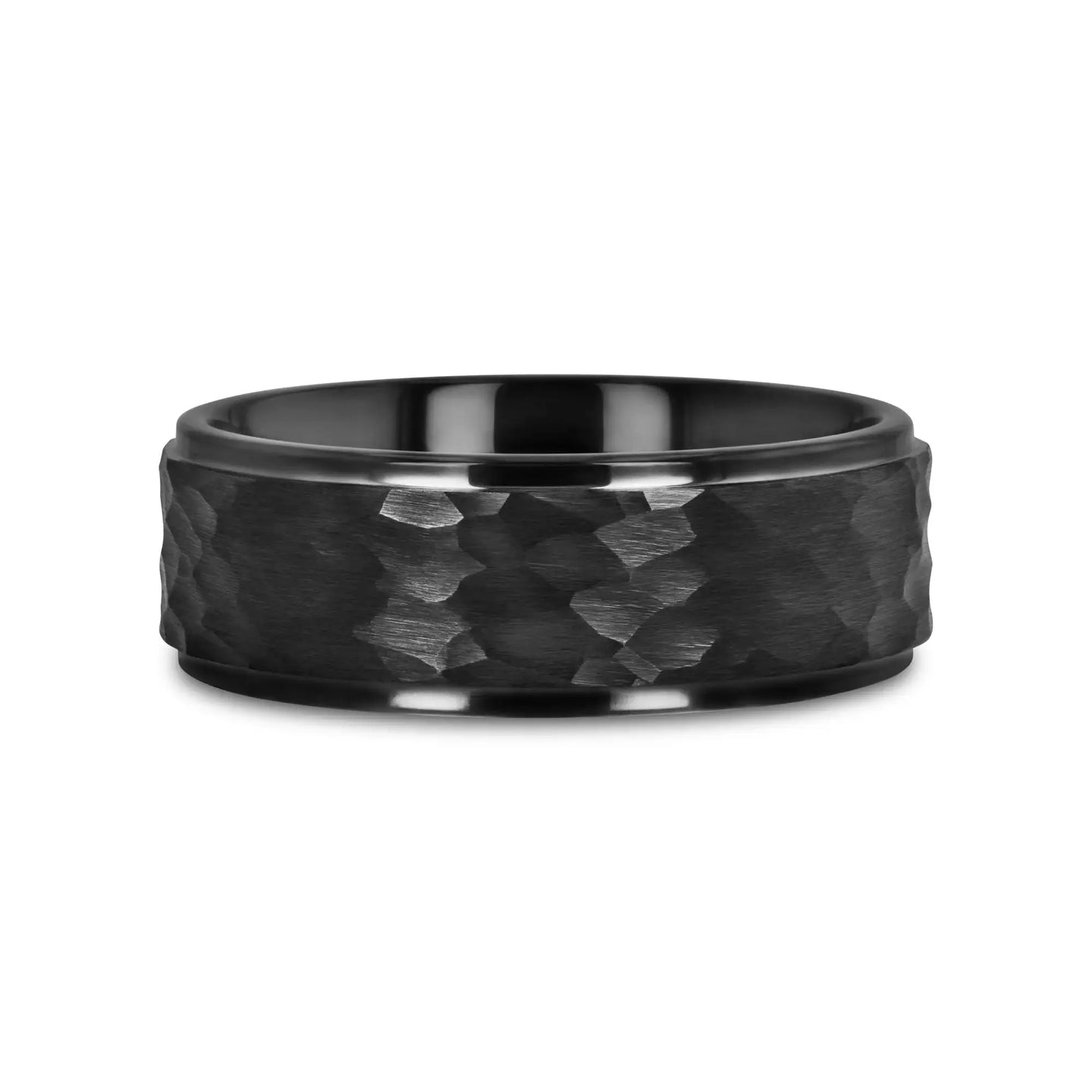 REBEL Raised Hammer Finish Step Edge Black Tungsten Carbide Wedding Band – 6mm or 8mm - Larson Jewelers