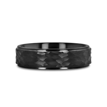 REBEL Raised Hammer Finish Step Edge Black Tungsten Carbide Wedding Band – 6mm or 8mm - Larson Jewelers