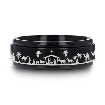 NATIVITY SCENE on Spinning Black Tungsten Carbide Ring - Larson Jewelers