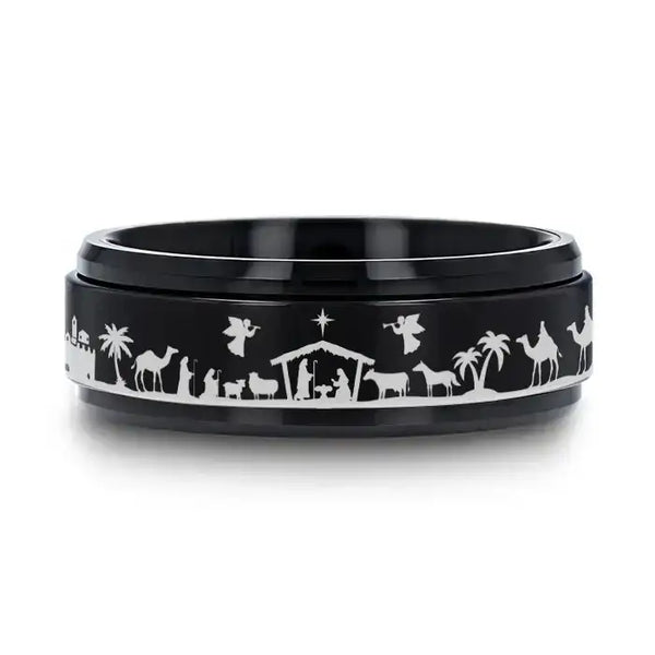NATIVITY SCENE on Spinning Black Tungsten Carbide Ring - Larson Jewelers