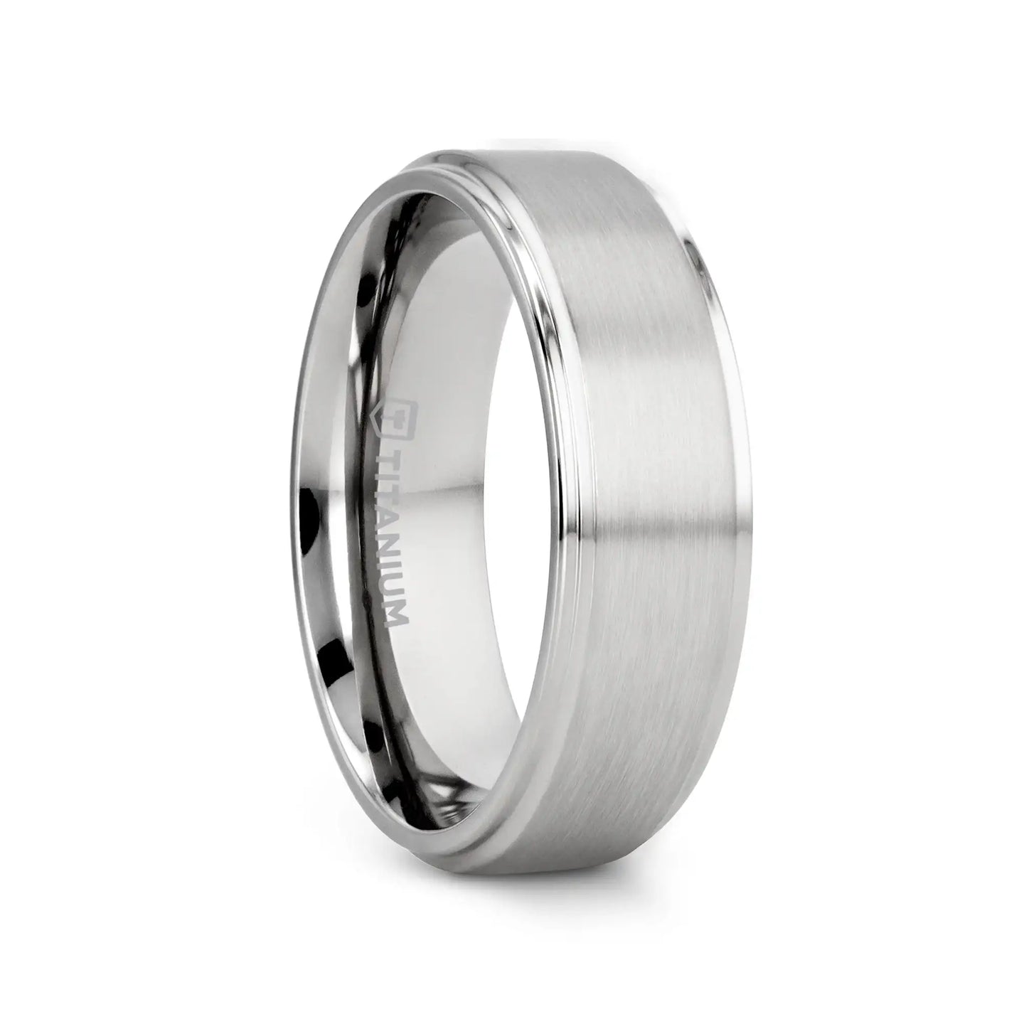 RHINOX Brushed Raised Center Men’s Titanium Wedding Ring with Polished Step Edges - 6mm & 8mm - Larson Jewelers