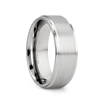 RHINOX Brushed Raised Center Men’s Titanium Wedding Ring with Polished Step Edges - 6mm & 8mm - Larson Jewelers
