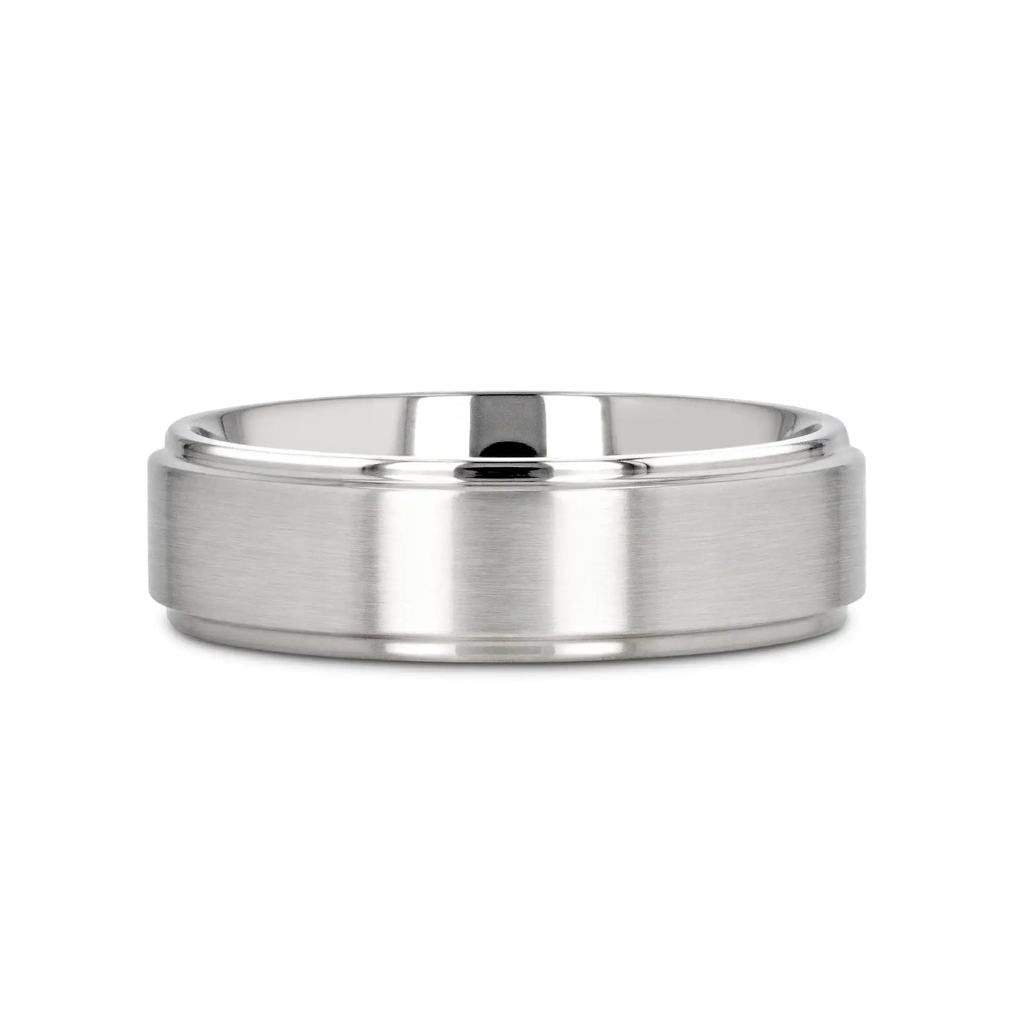 RHINOX Brushed Raised Center Men’s Titanium Wedding Ring with Polished Step Edges - 6mm & 8mm - Larson Jewelers