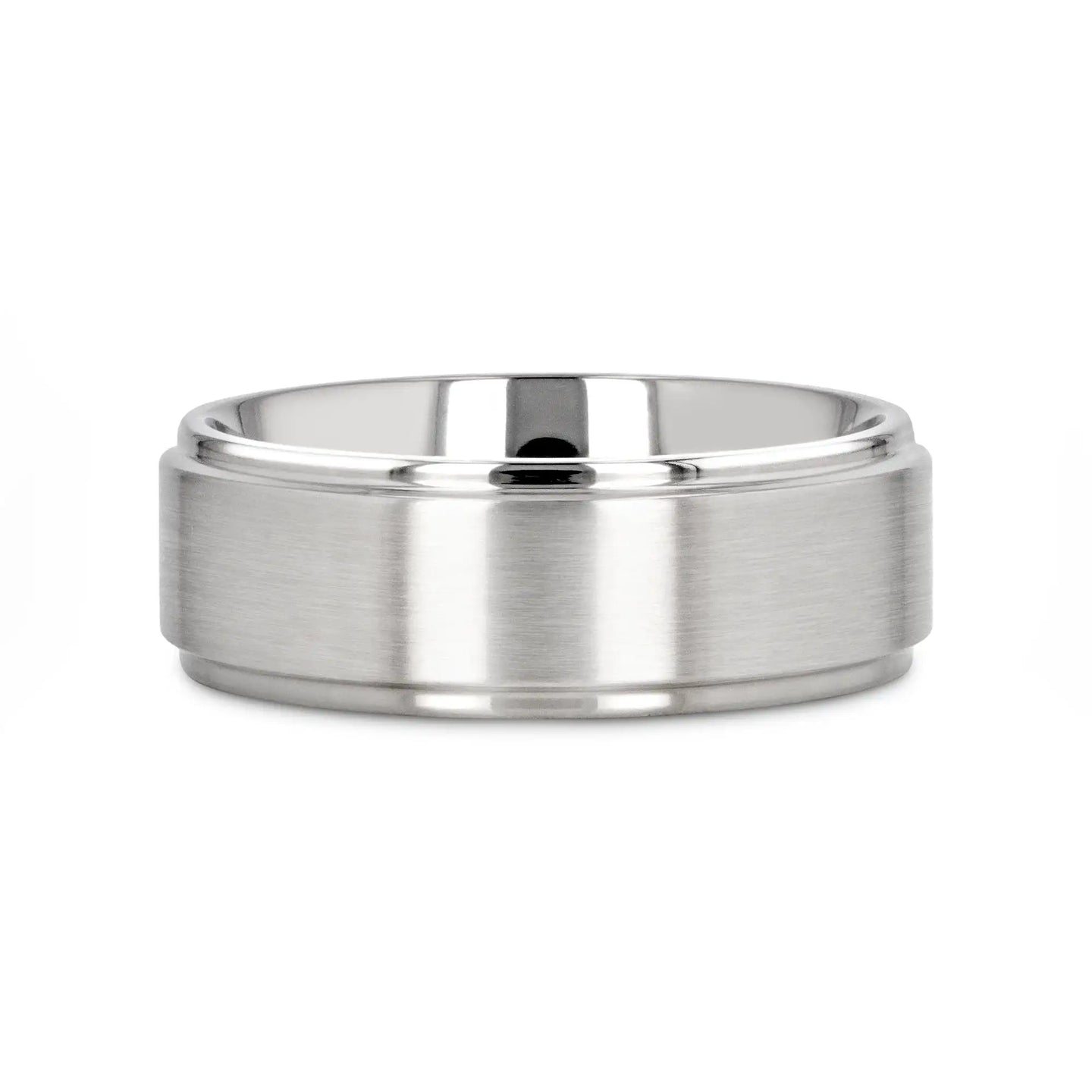 RHINOX Brushed Raised Center Men’s Titanium Wedding Ring with Polished Step Edges - 6mm & 8mm - Larson Jewelers