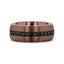 Side view of the espresso tungsten carbide ring highlighting the brushed finish and black sapphire inlay around the band