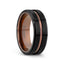 Angled view of a men’s flat brushed black tungsten wedding band with an espresso-colored groove and polished edges, 8mm width