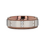 Side profile of the 8mm tungsten carbide ring showing brushed center panel with multiple channel-set diamonds and polished rose gold-tone edges