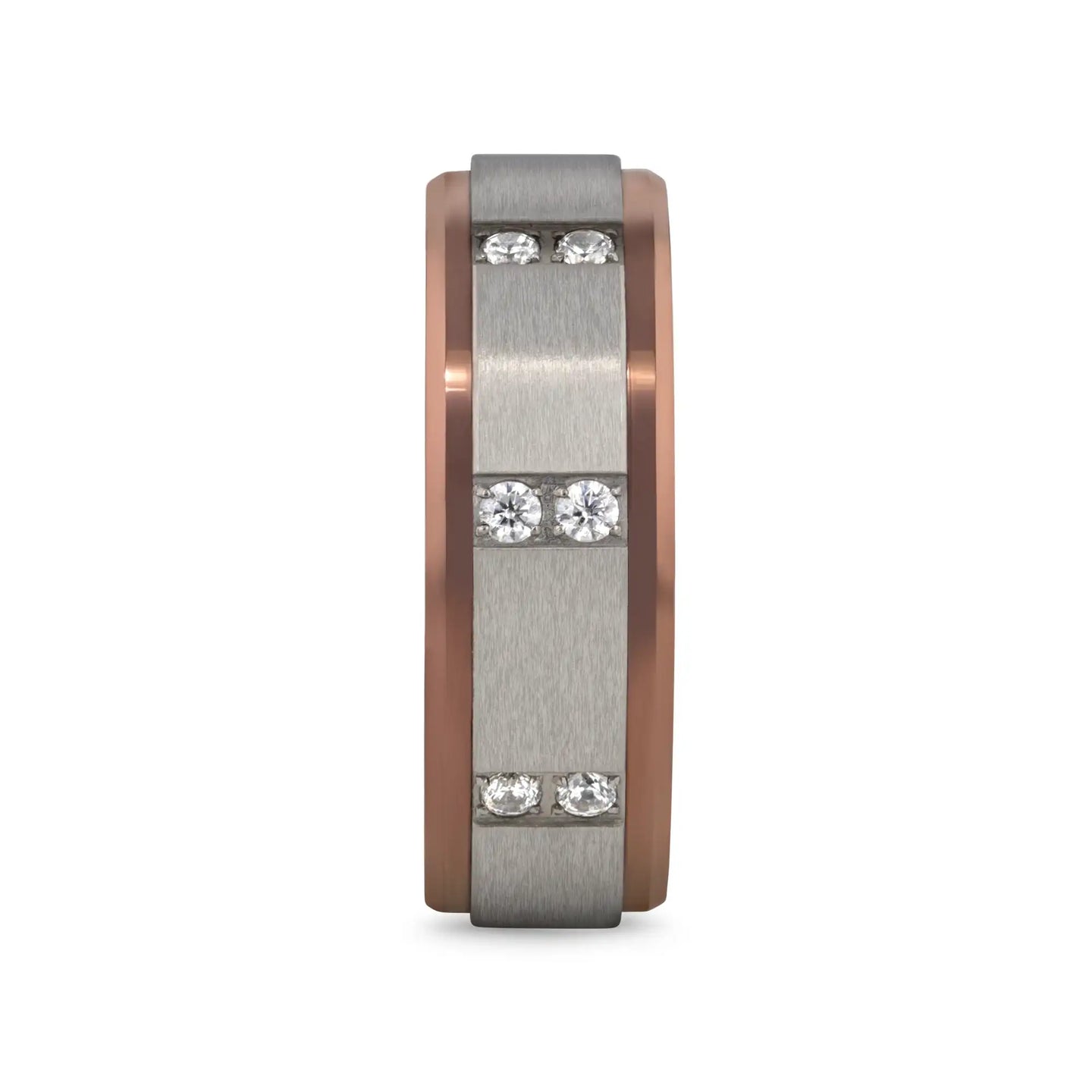 Front view of the tungsten carbide band highlighting three diamond channel sections across the brushed center
