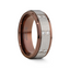 Tungsten carbide wedding band with raised brushed silver-tone center, rose gold-tone edges, and channel-set round diamonds, angled view
