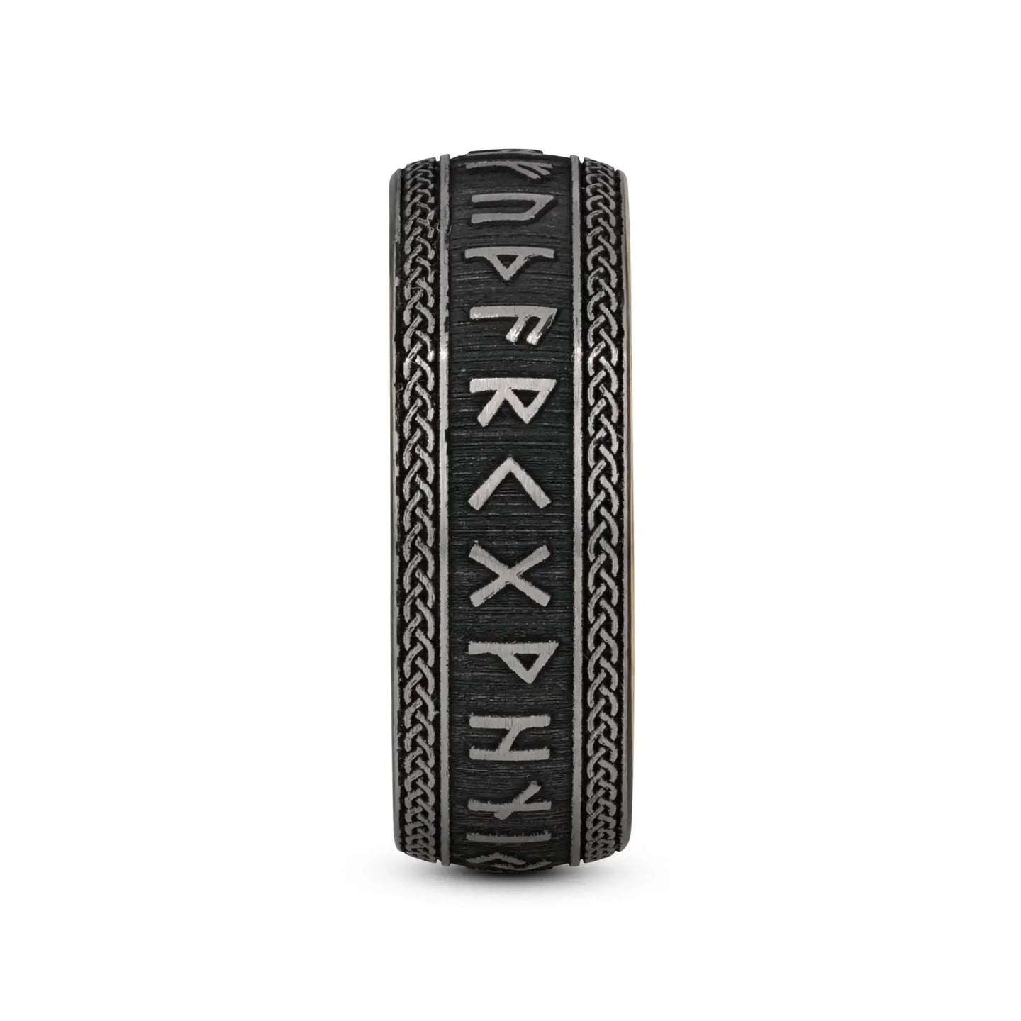Front view of the ring highlighting the continuous band of engraved runes and braided edge detailing