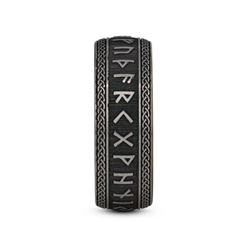 Front view of the ring highlighting the continuous band of engraved runes and braided edge detailing