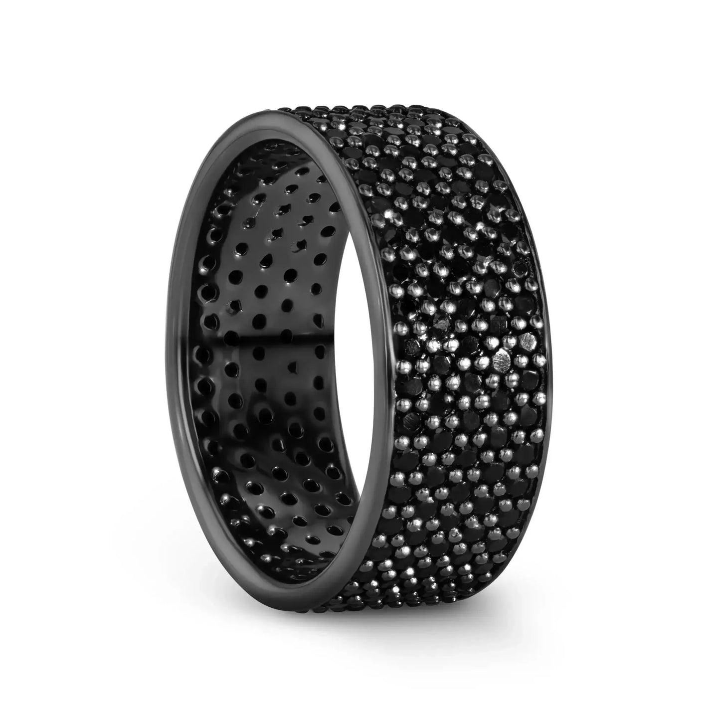 Three-quarter view of the pavé black spinel sterling silver ring showing perforated inner band