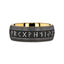 Side profile of the 8mm ring showing the matte black rune panel between braided borders and a reflective gold-tone inner surface
