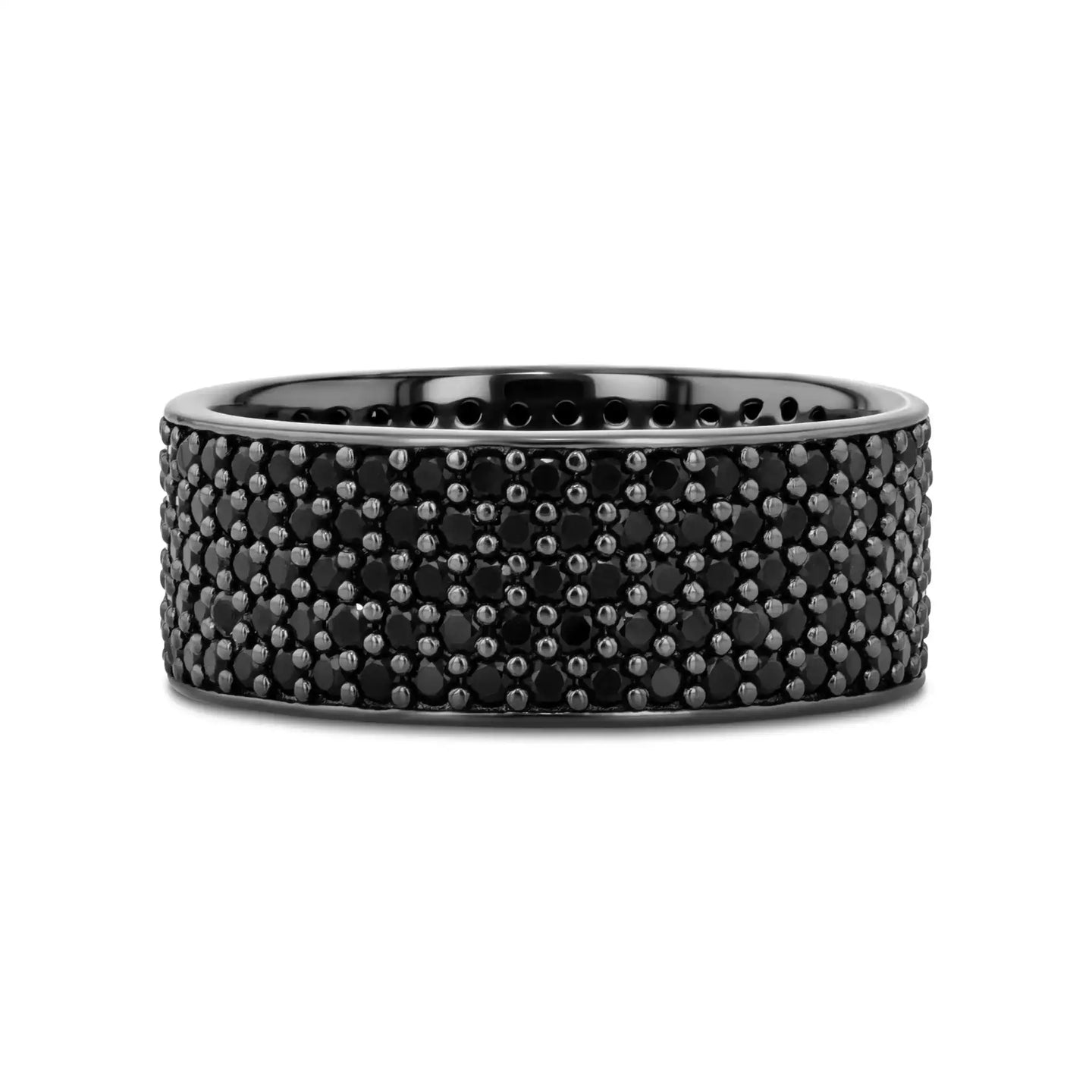 Side profile of the wide pavé black spinel wedding band