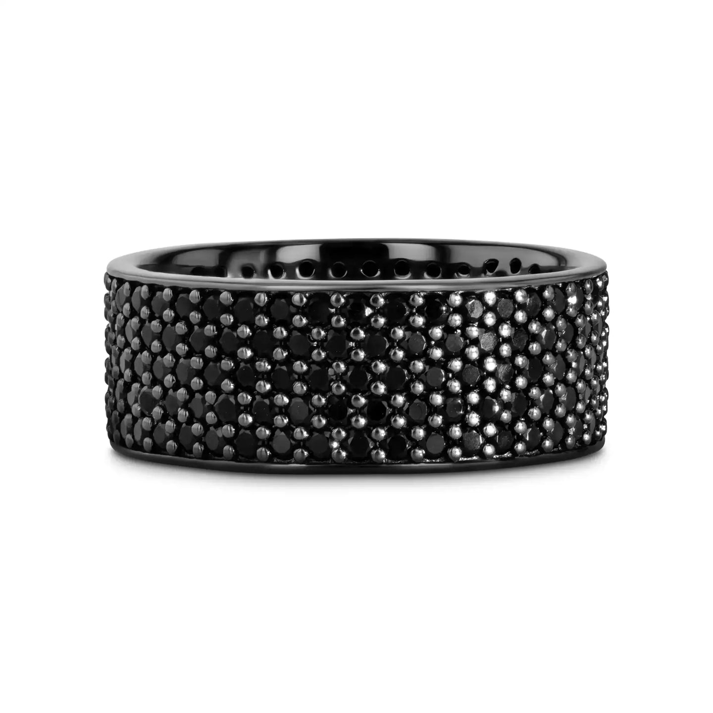 Side profile of the same pavé black spinel ring at a slightly different angle
