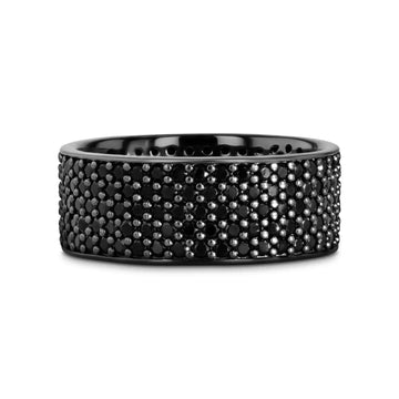 Side profile of the same pavé black spinel ring at a slightly different angle