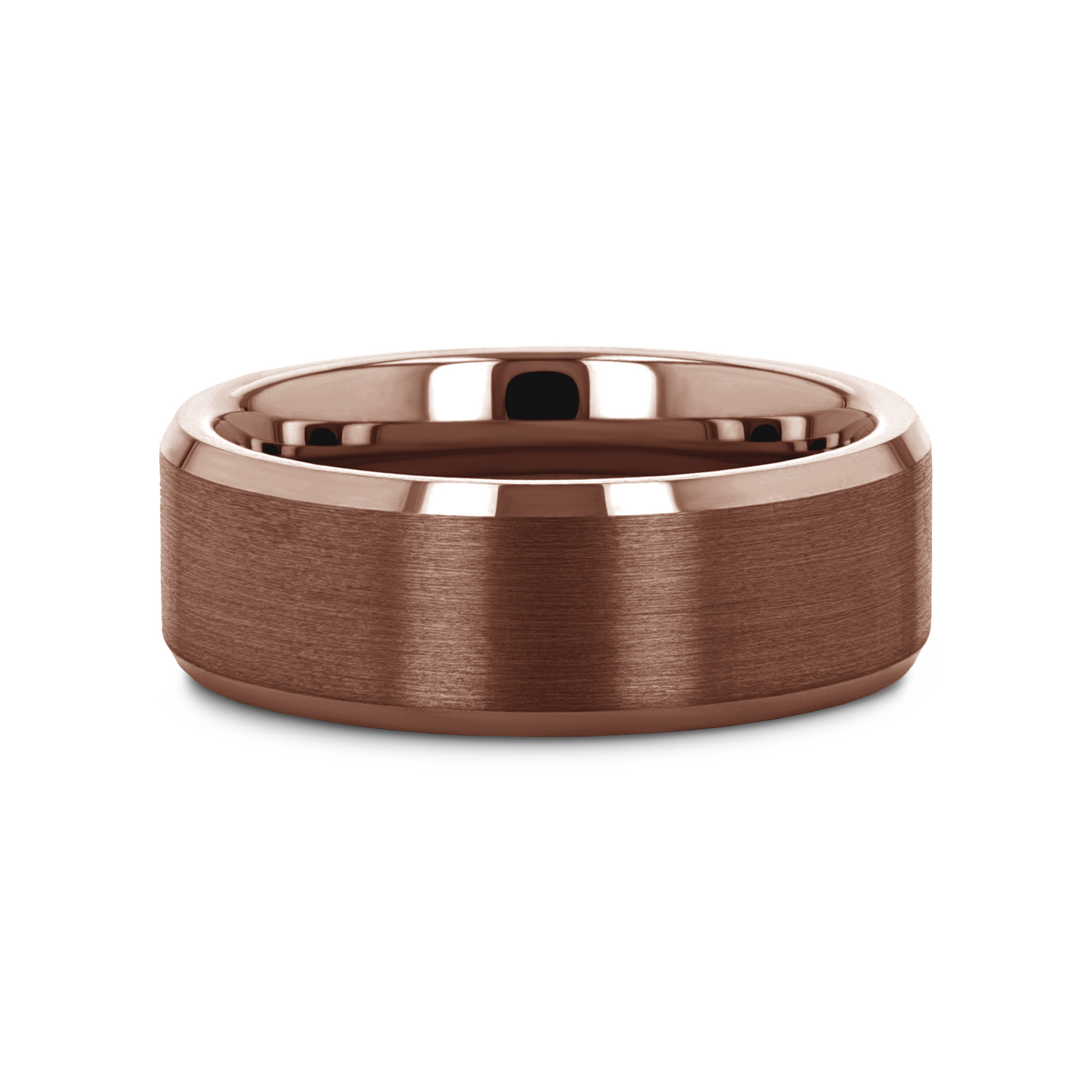 Espresso tungsten carbide ring with brushed center band and polished beveled edges.
