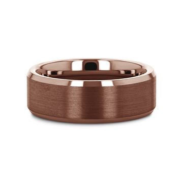 Espresso tungsten carbide ring with brushed center band and polished beveled edges.