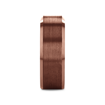 Flat espresso tungsten carbide ring with brushed center and polished beveled edges, displayed vertically.