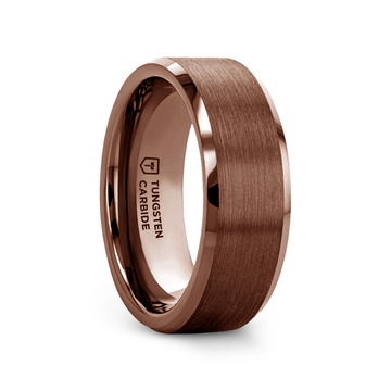 Brown tungsten carbide band with flat beveled edges and brushed center, shown from angled front view.