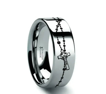 ROSARY on Flat Classic Tungsten Carbide Ring - Larson Jewelers