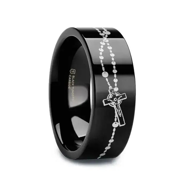 ROSARY on Black Flat Tungsten Carbide Ring - Larson Jewelers