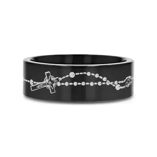 ROSARY on Black Flat Tungsten Carbide Ring - Larson Jewelers
