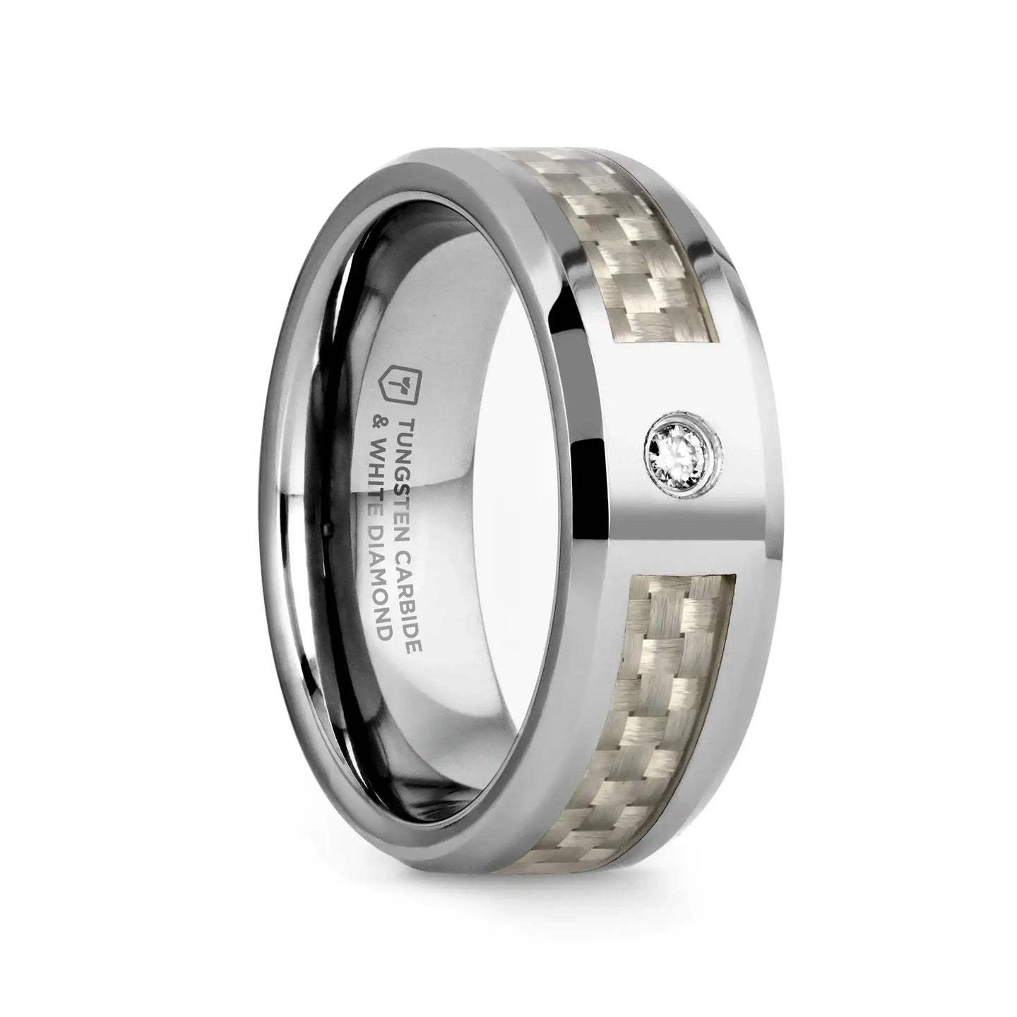 ROYCE Tungsten Wedding Band with White Carbon Fiber and White Diamond Setting - 8mm - Larson Jewelers