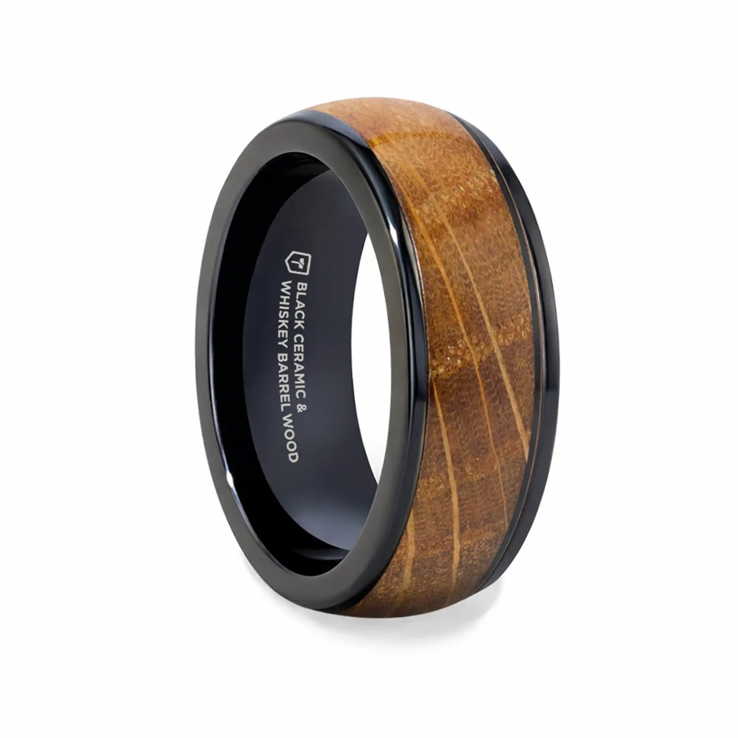 SCOTCH Black Ceramic Ring with Whiskey Barrel Wood Inlay- 8mm - Larson Jewelers