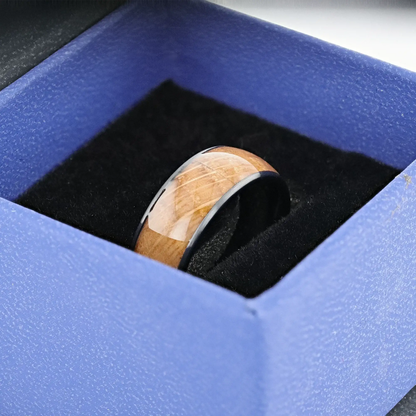 SCOTCH Black Ceramic Ring with Whiskey Barrel Wood Inlay- 8mm - Larson Jewelers