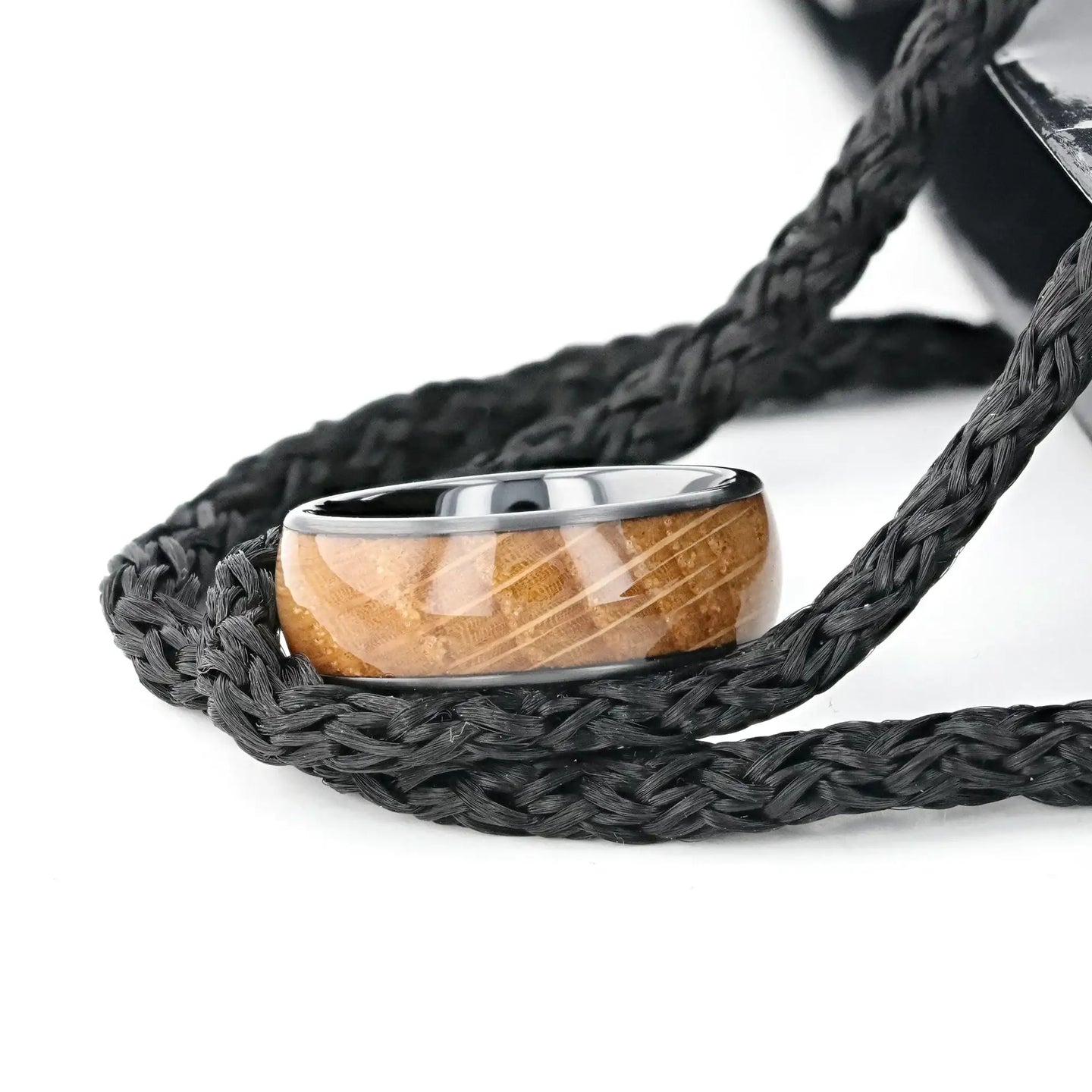 SCOTCH Black Ceramic Ring with Whiskey Barrel Wood Inlay- 8mm - Larson Jewelers