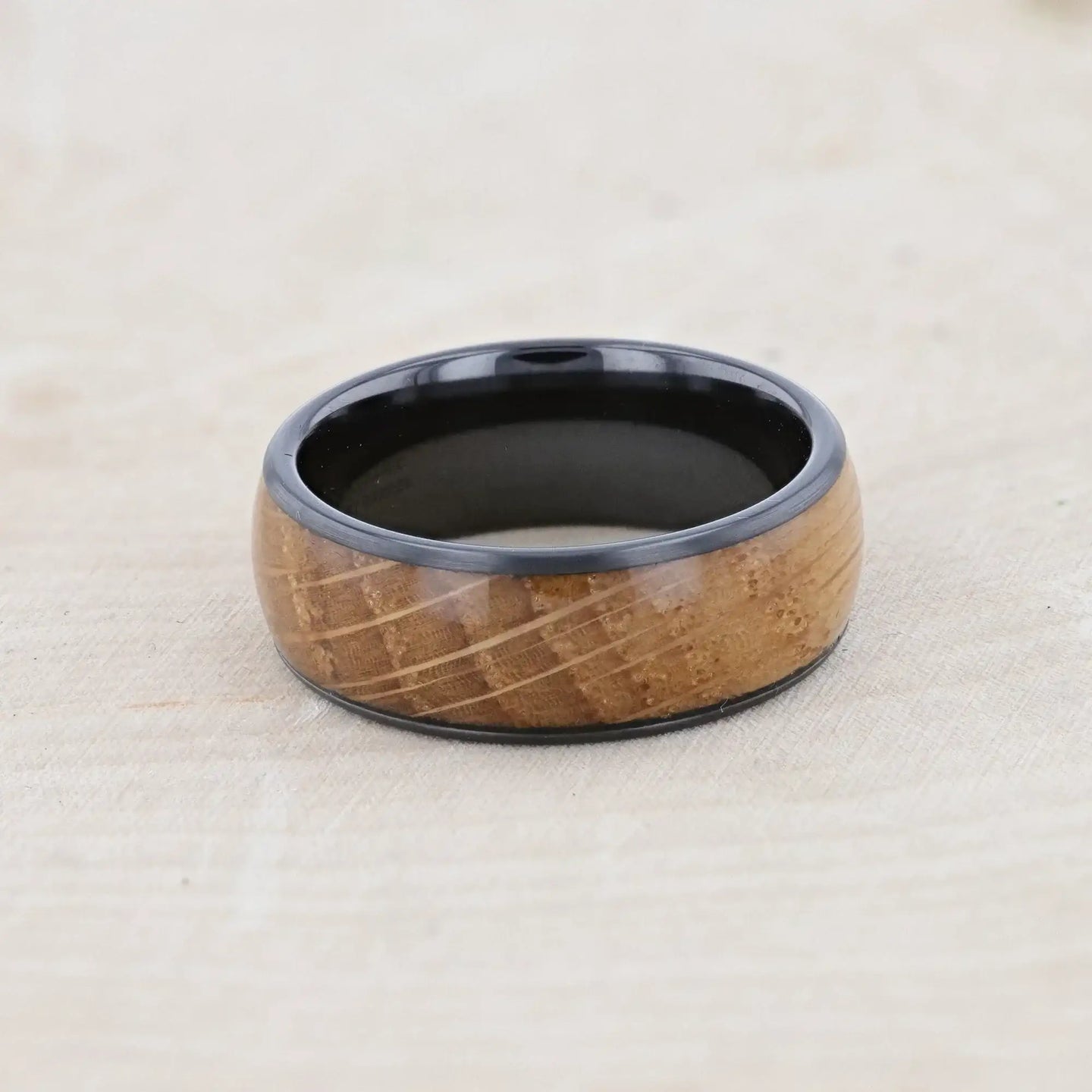SCOTCH Black Ceramic Ring with Whiskey Barrel Wood Inlay- 8mm - Larson Jewelers