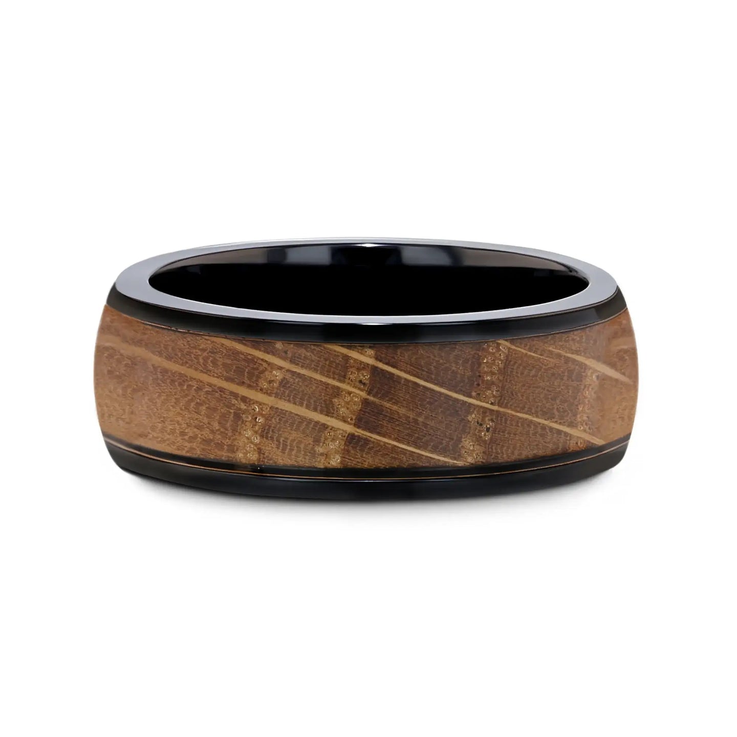 SCOTCH Black Ceramic Ring with Whiskey Barrel Wood Inlay- 8mm - Larson Jewelers