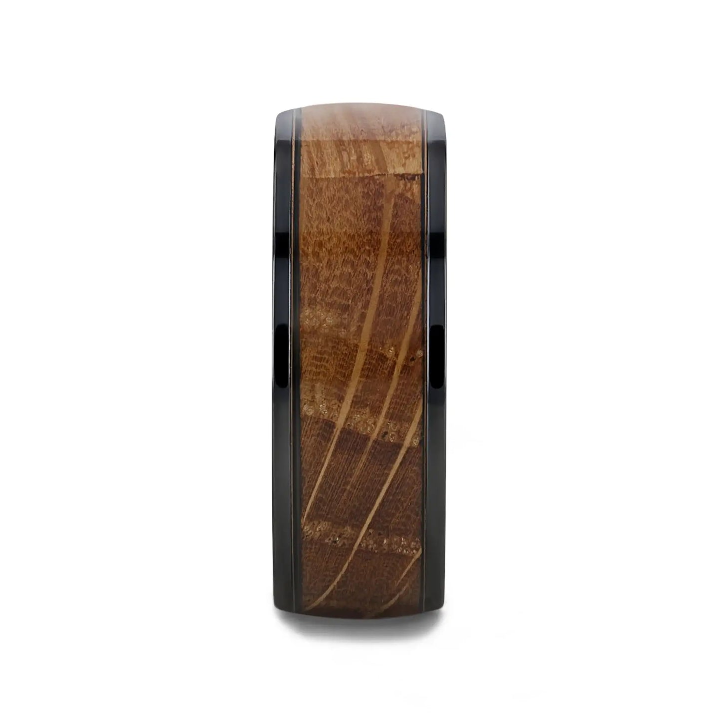 SCOTCH Black Ceramic Ring with Whiskey Barrel Wood Inlay- 8mm - Larson Jewelers