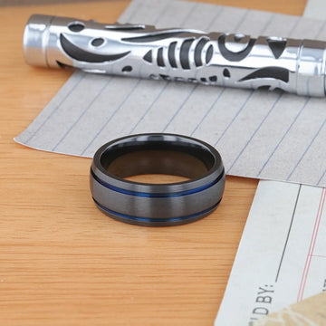 SHERIFF Domed Black Titanium Brushed Finish Men’s Wedding Ring with Blue Grooves – 8mm - Larson Jewelers