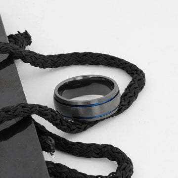 SHERIFF Domed Black Titanium Brushed Finish Men’s Wedding Ring with Blue Grooves – 8mm - Larson Jewelers