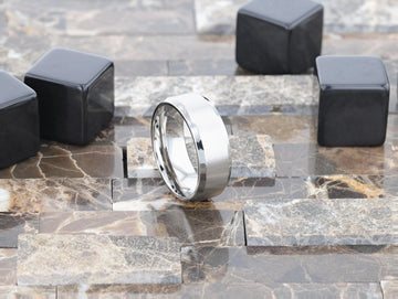 Studio angle of SHIRE titanium flat wedding band with brushed finish