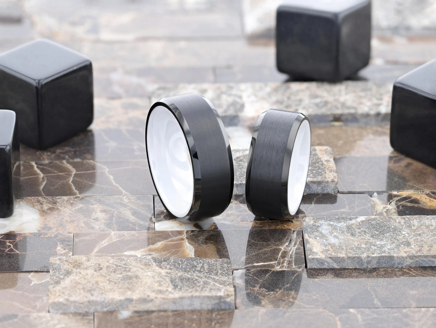 SIGMA Black Tungsten Brushed Center Men’s Wedding Band with Polished Beveled Edges & White Interior - 8mm - Larson Jewelers