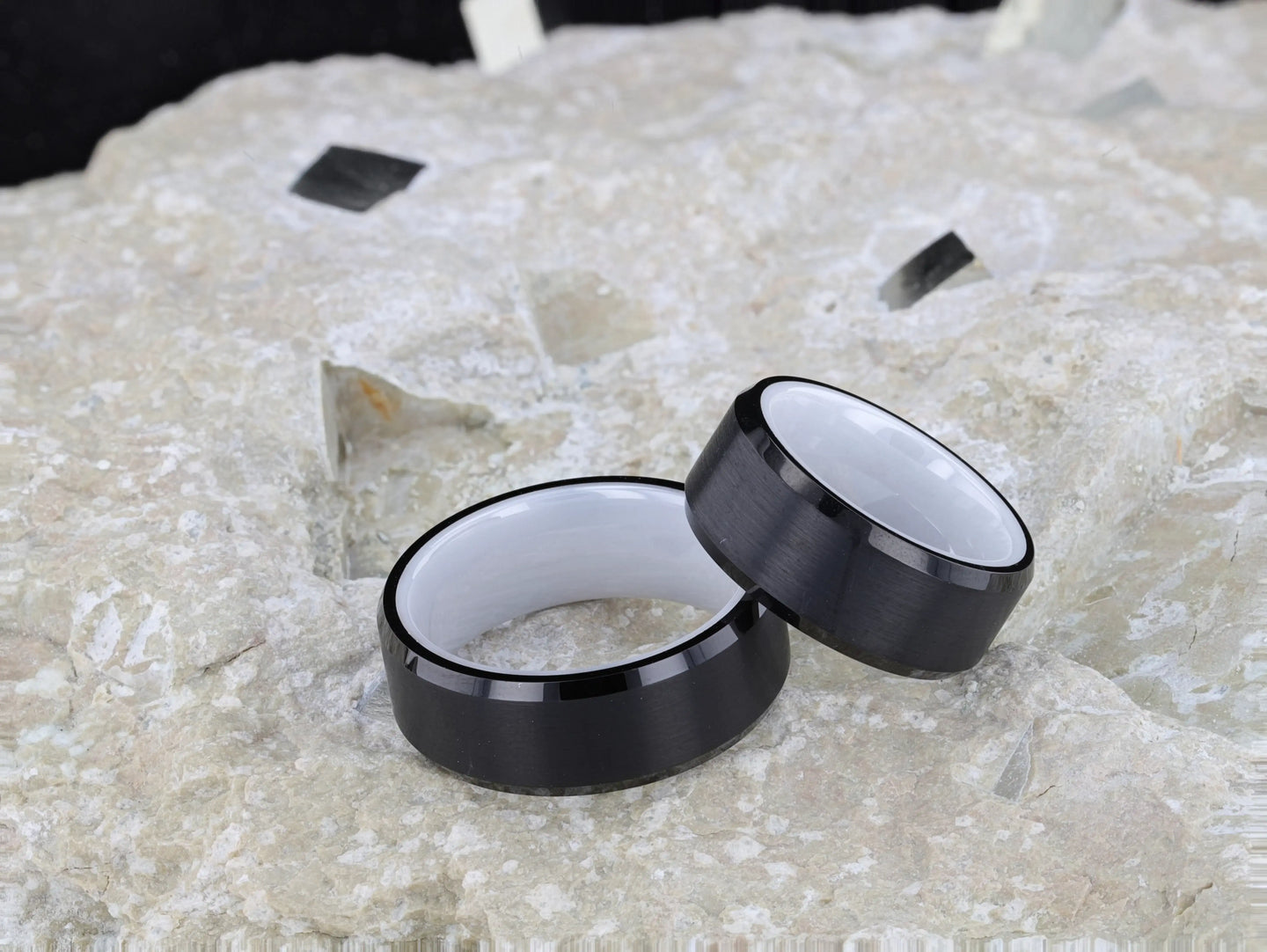 SIGMA Black Tungsten Brushed Center Men’s Wedding Band with Polished Beveled Edges & White Interior - 8mm - Larson Jewelers