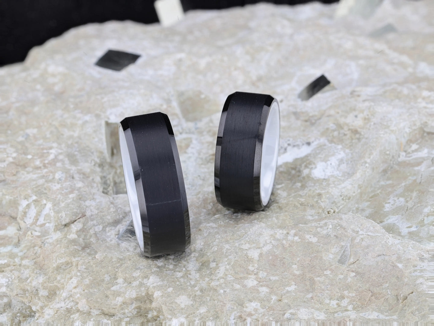 SIGMA Black Tungsten Brushed Center Men’s Wedding Band with Polished Beveled Edges & White Interior - 8mm - Larson Jewelers