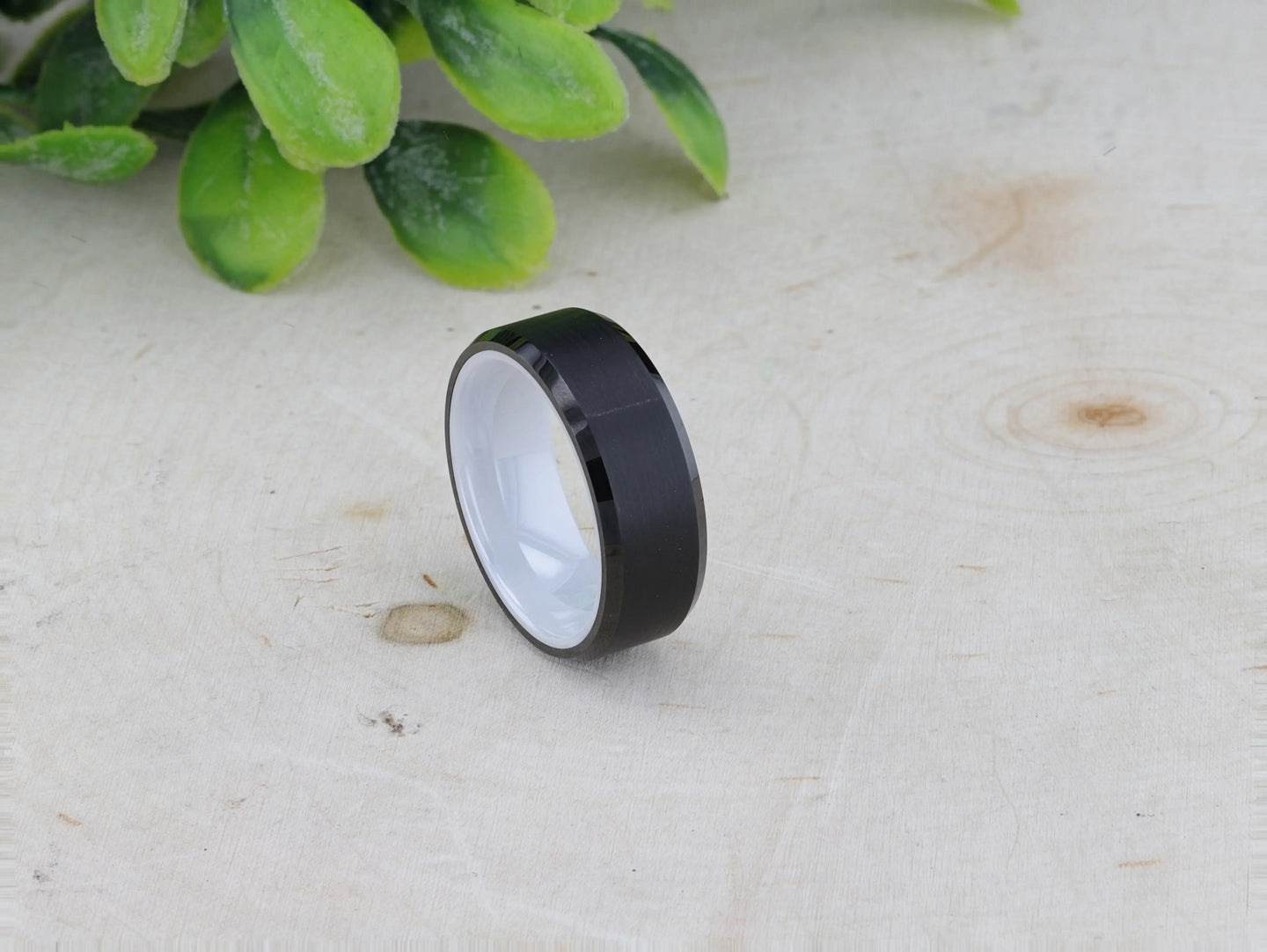SIGMA Black Tungsten Brushed Center Men’s Wedding Band with Polished Beveled Edges & White Interior - 8mm - Larson Jewelers