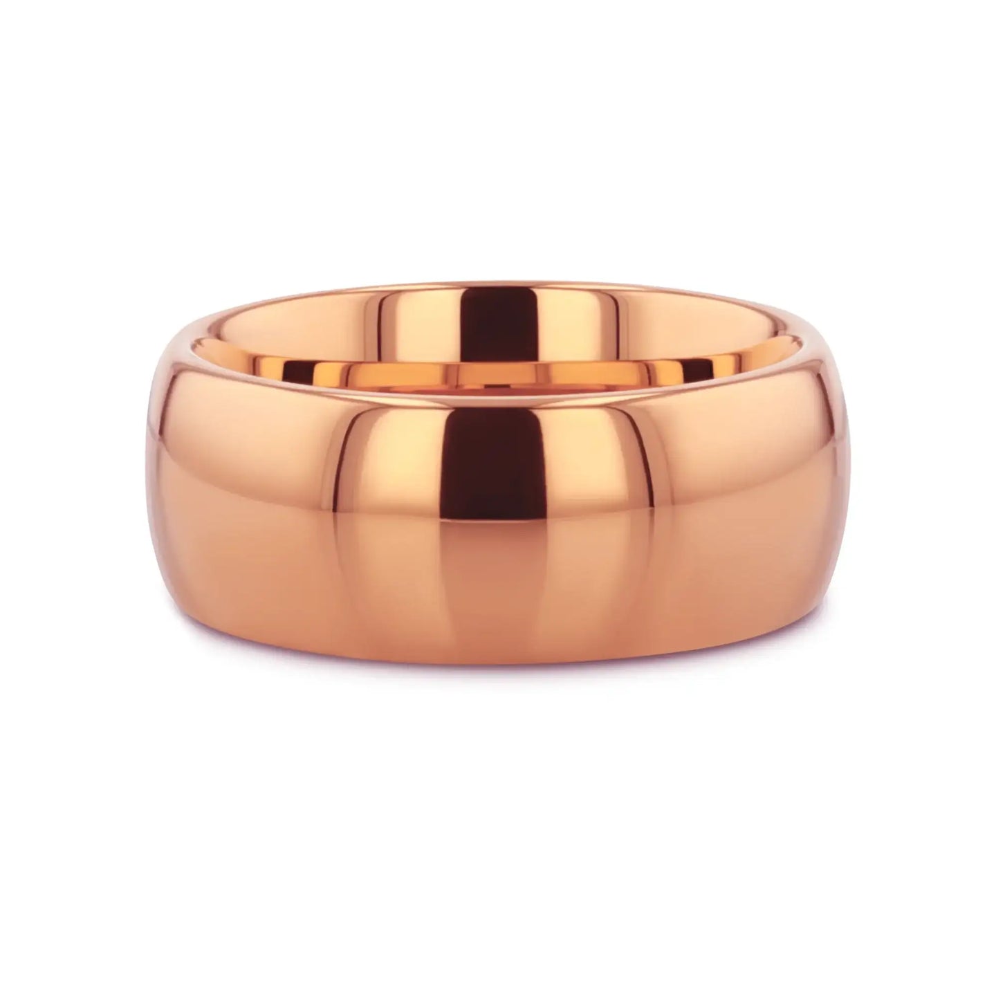 Side-by-side stacked view emphasizing the domed shape and mirror polish of the rose gold–plated tungsten carbide band.